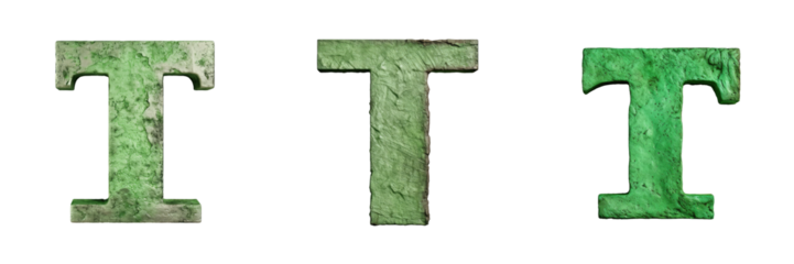 A worn metallic green lowercase letter T with a rustic texture in a blocky font isolated on transparent background with a clipping path