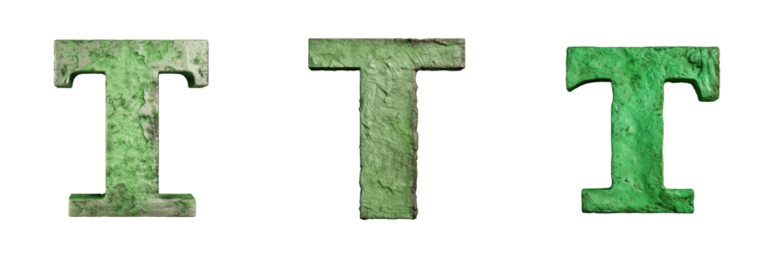 A worn metallic green lowercase letter T with a rustic texture in a blocky font isolated on transparent background with a clipping path