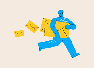 E-mail, messenger service concept. Man send,  deliver paper letters, emails, messages, spam, newsletters in envelopes. Vector illustration