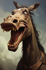 Image of horse with a funny face and open mouth wide. Wildlife Animals., Generative AI, Illustration.