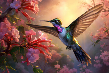 Obraz premium Image of a hummingbird flying and beautiful flowers, Bird, Wildlife Animals., Generative AI, Illustration.
