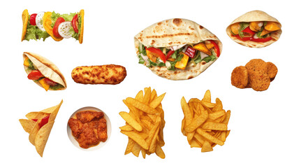 Fast food, street food, Pizza, roasted turkey, hamburger, scrambled eggs, brocheta, fried fish, tacos, french fries . Generative AI