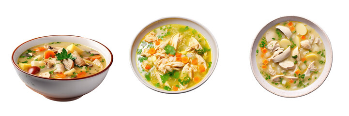 Chicken soup in a homemade white bowl transparent background