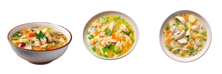 Chicken soup in a homemade white bowl transparent background