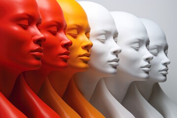 A vibrant and captivating sculpture of human-like figures, each adorned with a unique expression of color, evokes a feeling of life and energy in the surrounding art