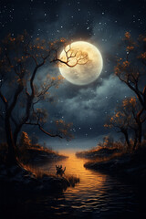 full moon night landscape with moon - obrazy, fototapety, plakaty