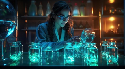 A mysterious woman in a lab stands poised in her stylish outfit, glasses glinting in the light reflecting off the glass barware surrounding her