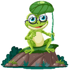 Green Frog Sitting Rock Cartoon Character