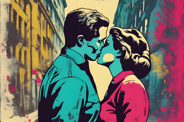 A graffiti style stencil of a vintage man and woman couple emraced in a kiss. 