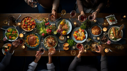 Table with food. Festive lunch or dinner. Food and drinks are laid out on the table. On a dark background. - 644722895