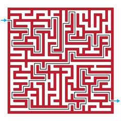 Red maze puzzle game,square geometric shape ,blue arrow,black line,labyrinth vector illustration.