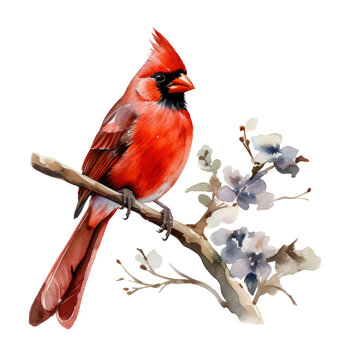 Cardinal bird watercolor clipart on transparent background. Generative AI illustration