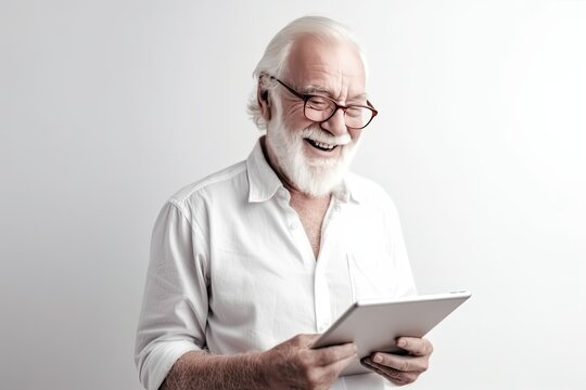 Elder man using digital tablet. AI generative