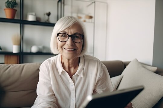 Aged woman using a digital tablet at home. AI generative