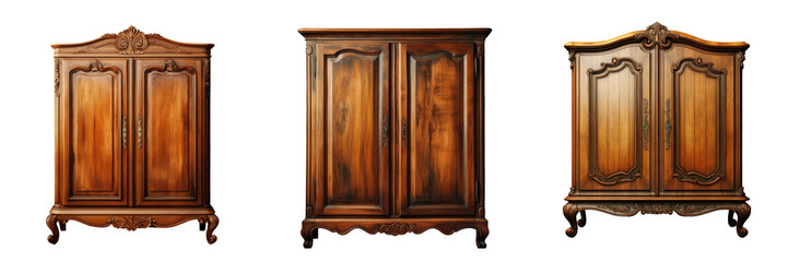 Antique Italian wooden cupboard and vanity table isolated on a transparent background with clipping path