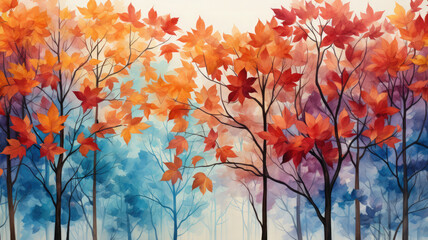 Watercolor autumn background, fall wallpaper, colorful leaves, red, orange, yellow