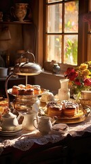 Naklejka premium Rustic Elegance: Vintage Teapots and Fresh Pastries in a Cozy Country Kitchen. Generative AI 7