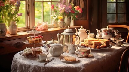 Rustic Elegance: Vintage Teapots and Fresh Pastries in a Cozy Country Kitchen. Generative AI 1