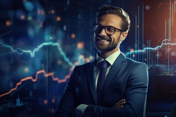 Portrait of a handsome young businessman in suit and glasses sitting at the table with crossed arms and looking at camera. Stock market chart on the background.Generative Ai