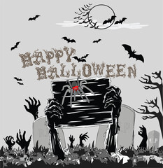 Spooky graveyard background Halloween celebration, skeleton hand out from grave scary illustration, banner for Halloween celebration party. 