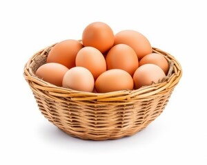 Raw chicken eggs in woven bamboo baskets are white isolated front view background
