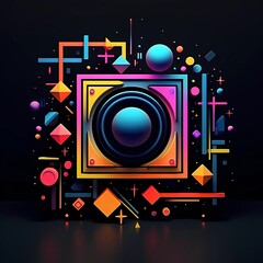 Obraz premium Geometric composition. Frame template for banners or advertisements. Decor from geometric shapes, lines and small particles. Neon light and colors. Style of the future.