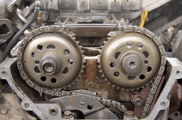 Timing Chain Guide / Damper. Timing chain of an internal combustion engine. Old motor.