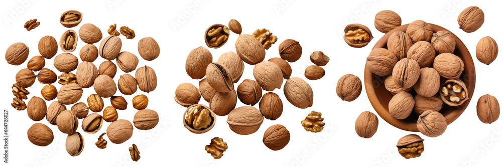 Poster a heap of walnuts seen from above on a transparent background