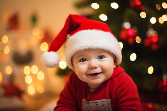 asian smiling baby at christmas wearing a red santa claus hat, christmas tree bokeh lights at the background, child kid on new year night