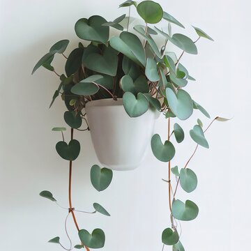 Ceropegia woodii also called String of Hearts or Chain of Hearts, modern house plant in a flowerpot against white wall, vertical