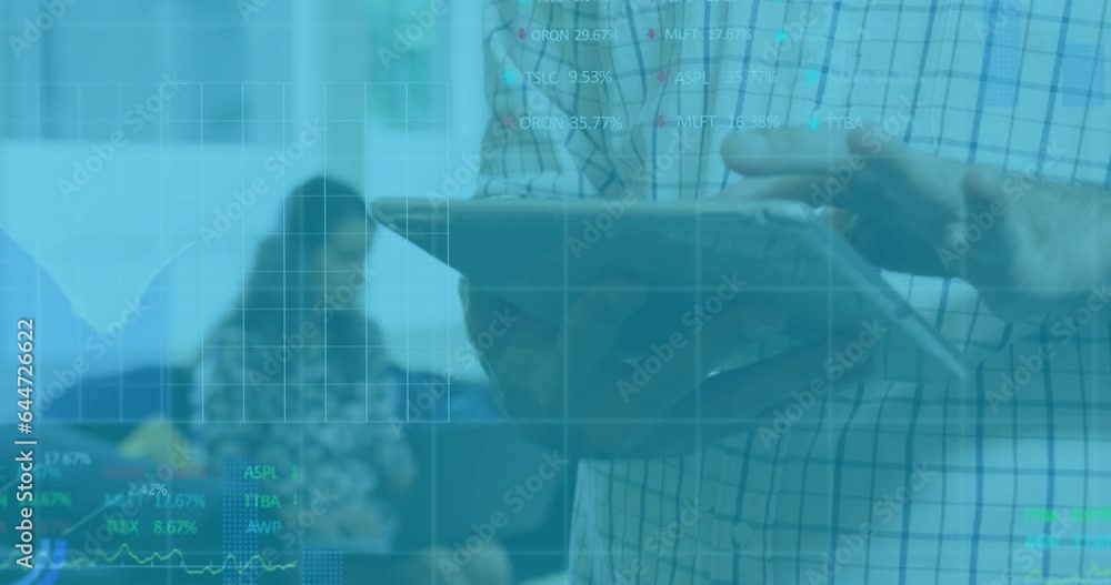Poster animation of multiple graphs and trading boards over males using digital tablet