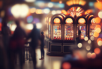 Blurred image of slots machines at the casino, - obrazy, fototapety, plakaty