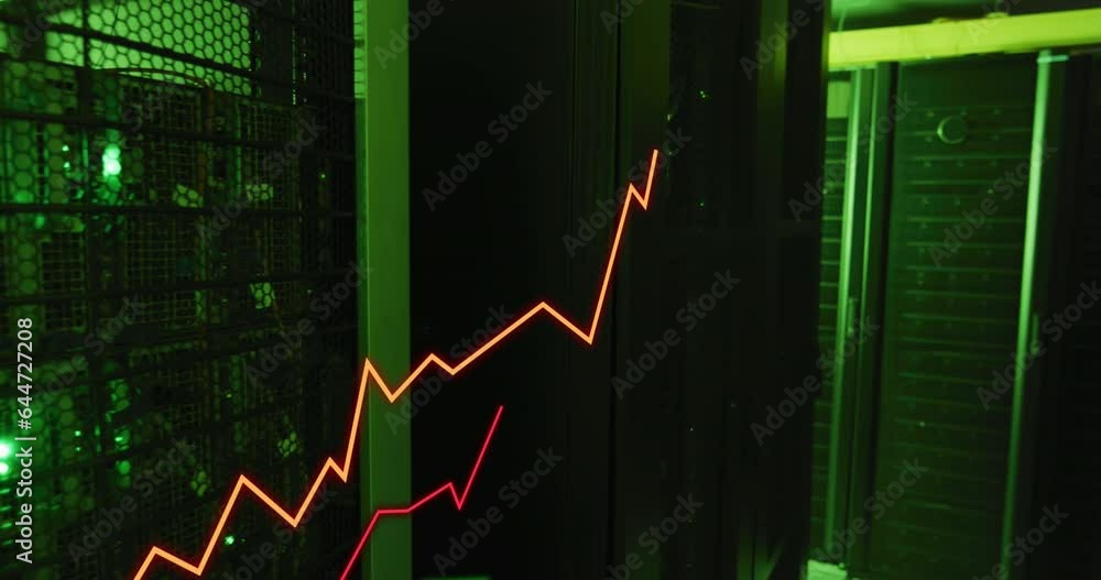Poster animation of growing graphs over illuminated data server systems in server room