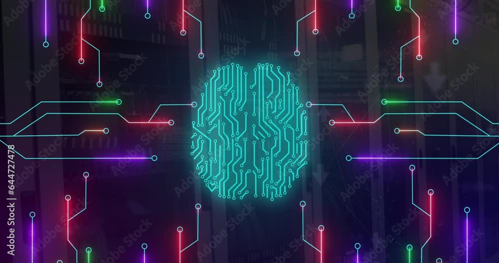 Aufkleber animation of circuit board pattern brain over data server systems in server room