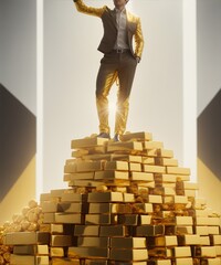 A man stands in a victorious pose on a full-length pile of gold bars