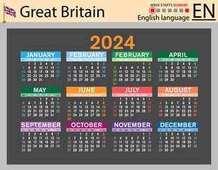 English horizontal pocket calendar for 2024. Week starts Sunday