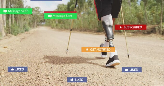 Animation of notification bars over low section of athlete with sticks walking in forest trail
