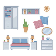 Bedroom furnishing items vector illustrations set. Wardrobe, bookshelf, pillows, comfortable bed, nightstands, drawer with mirror, clock on wall and flowerpot. Home decor, interior design concept