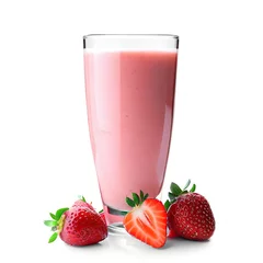 Foto op Plexiglas Pink strawberry smoothie in a glass with straberries isolated on white background © Sergiu