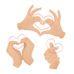 Fingers folded in shape of heart vector illustrations set. Woman making heart gestures in different ways, showing love and affection with hands. Valentine day, romance, support concept