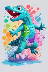 Obraz premium Cartoon crocodile with colorful splashes. Children's illustration. Generative AI.