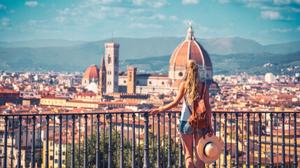 Woman traveling in Italy, enjoying panoramic view of Florence Cityscape- tour tourism,travel,vacation in Europe, Tuscany