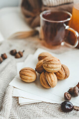 Cookies nuts with condensed milk and tea, good morning concept