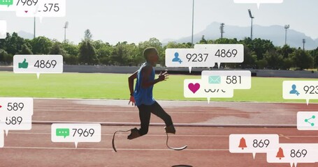Animation of multiple notification bars, african american athlete running on race track - Powered by Adobe