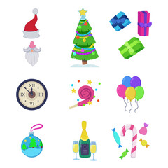 New Year celebration elements or decor vector illustrations set. Collection of cartoon drawings of Christmas tree, champagne, candy, decorations, gift boxes. New Year, winter, celebration concept