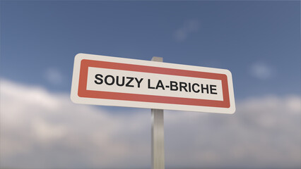 A sign at Souzy-la-Briche town entrance, sign of the city of Souzy la Briche. Entrance to the town of Essonne.