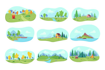 Rural life landscapes vector illustrations set. Forest with river and trees, house near lake, camping tent and campfire, farmland with fields, island in sea. Nature, autumn, farming concept