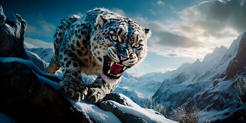 snow leopard navigating rocky terrain, perfectly adapted to its surroundings, as it moves closer to its prey with utmost care.