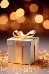 silver metallic gift box against a shimmering gold glitter background.