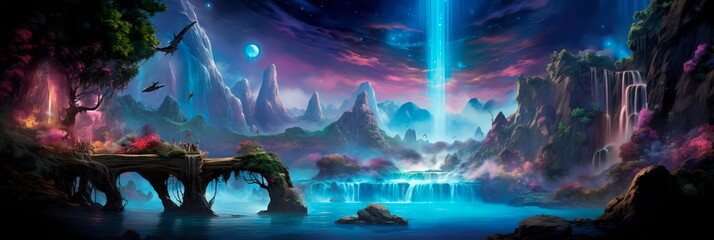 Obraz premium Stardust Waterfall: featuring a cascading waterfall of stardust in various magical colors.